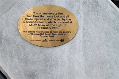 Commemorative plaque at South Quay DLR Station. Image courtesy of  Transport for London