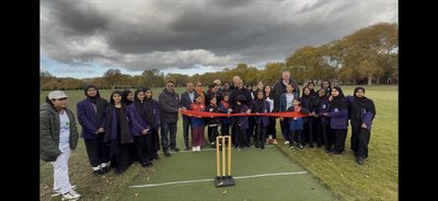 Mayor Lutfur Rahman, Maia Bouchier, & cricket representatives launch the grass pitch