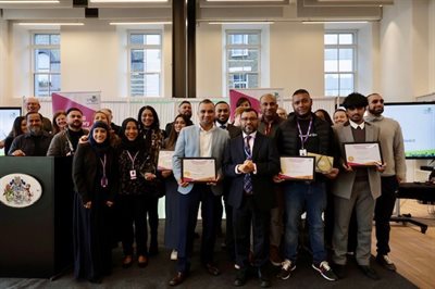 VCS Awards 30 Jan 2025 Large group of winners with Deputy Mayor and Cabinet Member for Education, Youth, and Lifelong Learning, Cllr Maium Talukdar