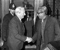 London, England, 8 January 1972, Bangladesh leader Sheikh Mujibur Rahman (right) is greeted by British Prime Minister Edward Heath as he arrives at 10 Downing Street for talks. Credit: © Popperfoto /Getty Images