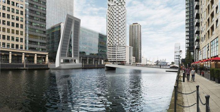 View of the bridge from the south quay of  South Dock in the open position