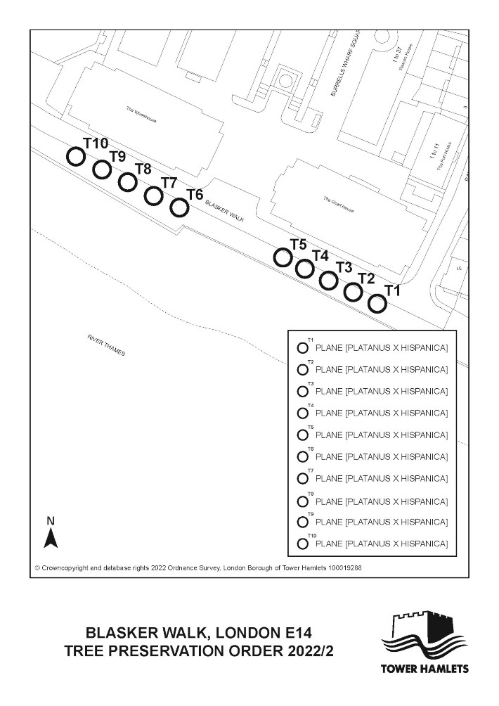 A map showing the location of the 10 Plane trees