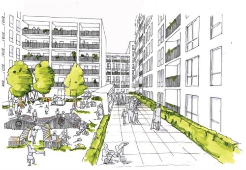 Sketch showing an initial view of what a regeneration scheme on the Clichy Estate might look like