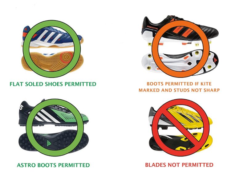 Image showing the type of footwear that is acceptable on the pitch and footwear that is unsuitable.