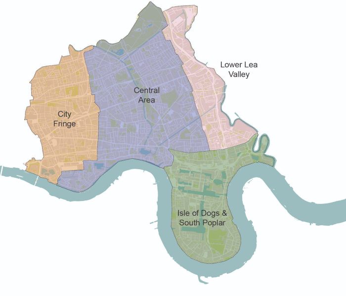 Image showing the map of Tower Hamlets split into the four sub areas