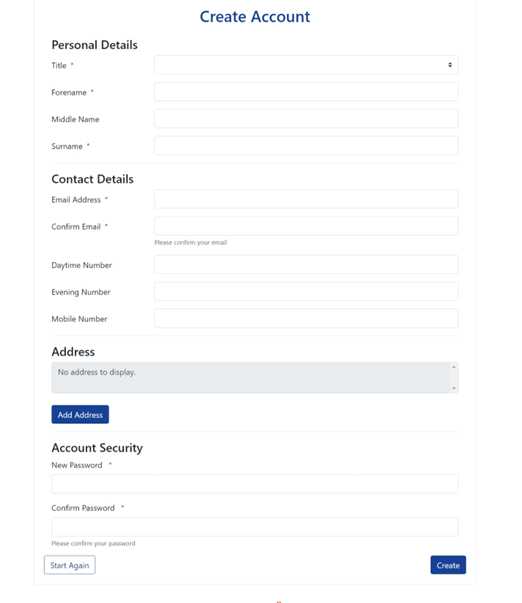 Personal information to create an account such as name, address and password