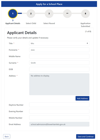 Applicant details that should be added to the account