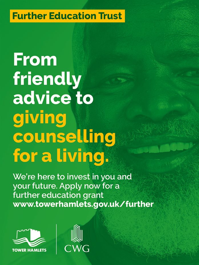 alt="Tower Hamlets Canary Wharf Further Education Trust with 'From Friendly advice to give councelling for a living' tagline"
