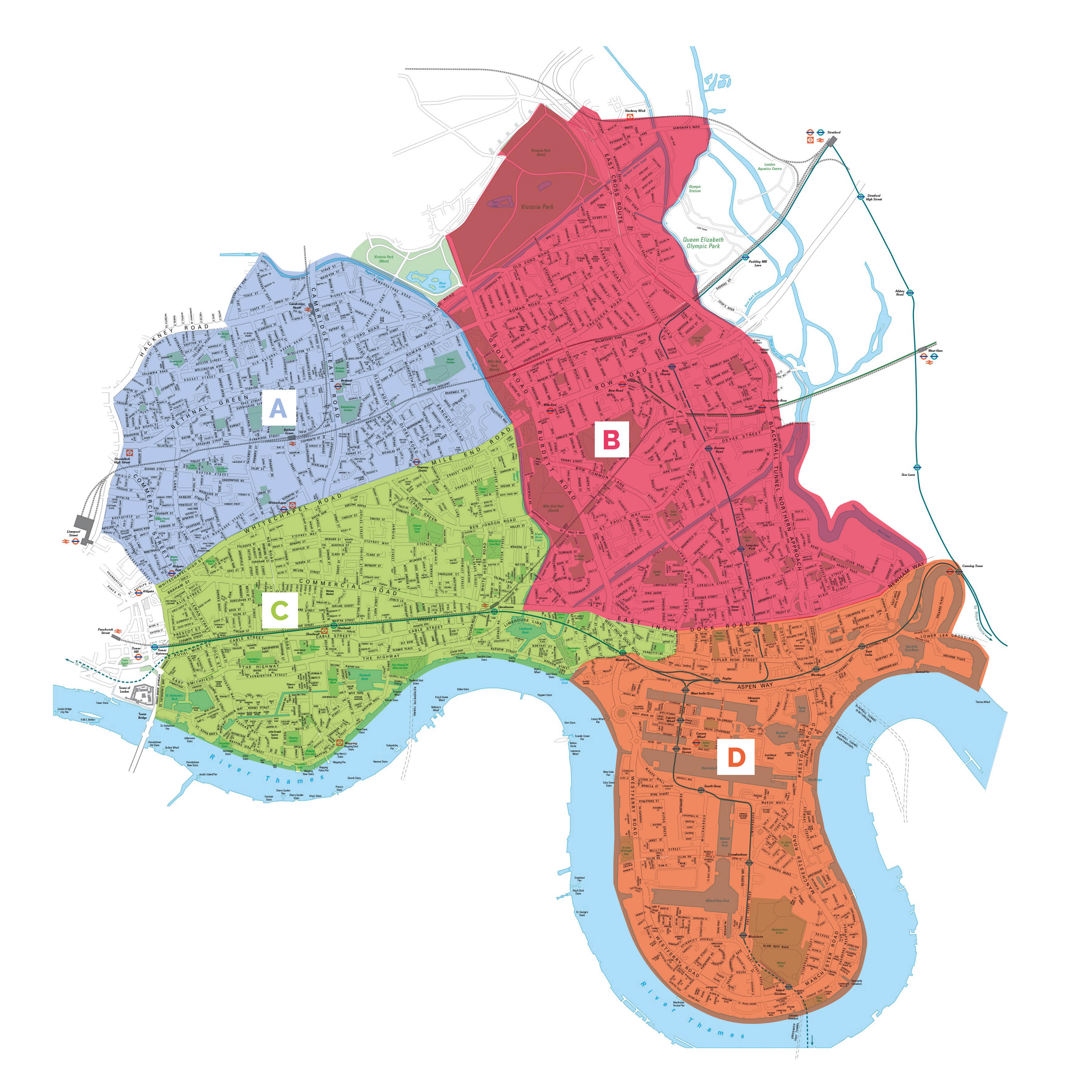 The map shows the four areas, marked as A (covering areas around Bethnal Green), B (covering areas around Bow), C (covering areas around Shadwell and Stepney) and D (covering around around Poplar and Crossharbour).